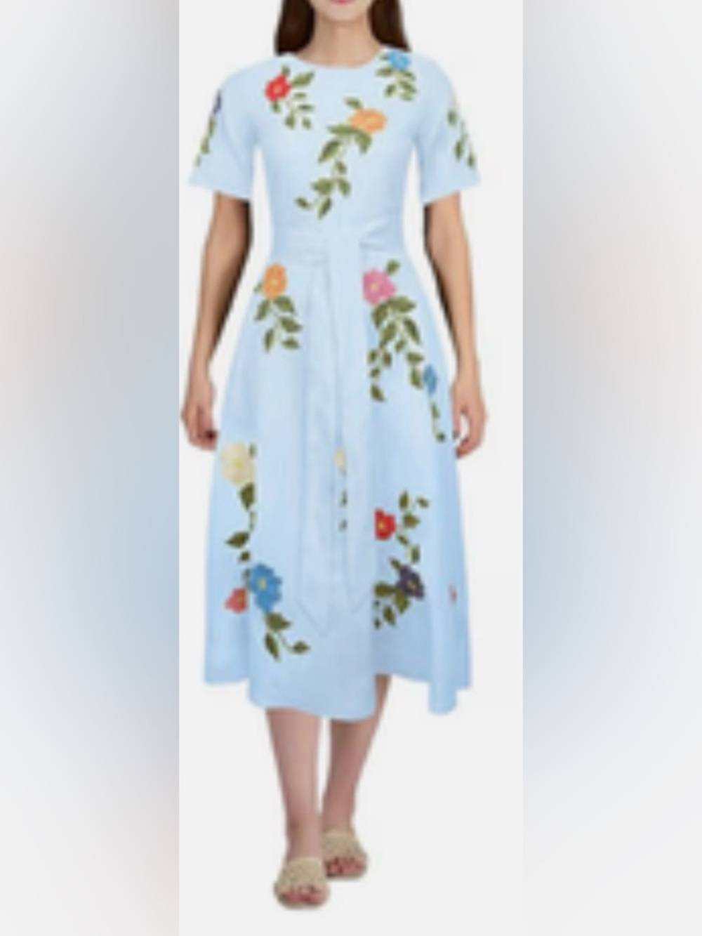 Fanm Mon Jess Floral Embroidered Short Sleeve Belted Midi Dress